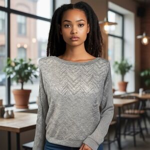 LOFT Women's Medium Sweater Gray Rayon Blend Chevron Knit Pullover Lightweight